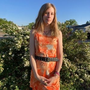 Patterned orange dress, very flowy and comfortable!